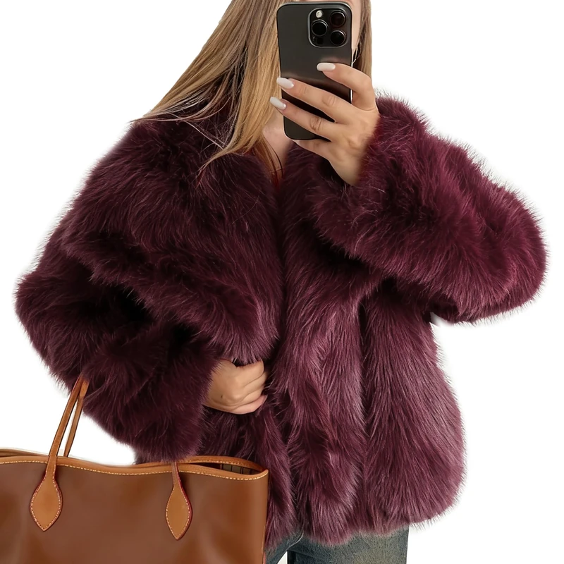 Flygo Women's Faux Fur Coat Fluffy Faux Fur Jacket Long Sleeve Lapel Furry Winter Jackets Shaggy Parka Short Coat, Wine Red, L - Image 1