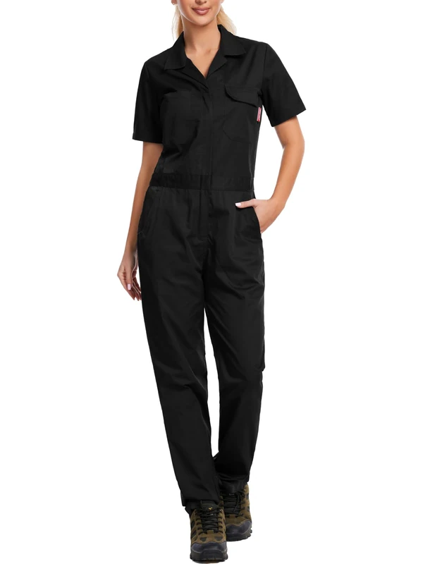 WORK IDEA Women's Short Sleeve Coverall Lightweight Snap-Front Cotton Work Jumpsuit, Black, XXL