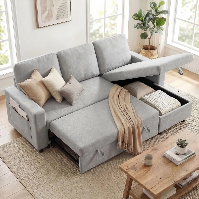HOMCOM Sofa Bed with Storage, Convertible L Shaped Corner Sleeper Couch, 3 Seater Pull Out Sofa Bed with Reversible Chaise, Side Pockets for Living Room, Bedroom, Small Spaces, Light Grey - Image 1