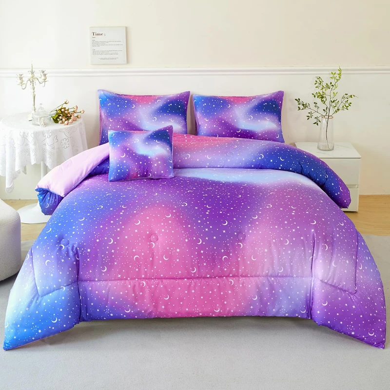 URBONUR 6Pcs Purple Galaxy Comforter Set for Girls Queen Size Kids Bed Set