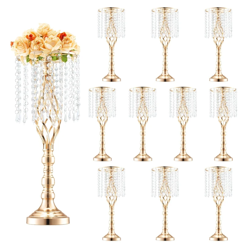 VEVOR 10PCS 55cm/21.65” Tall Crystal Wedding Flower Stand, Metal Wedding Centerpiece Vase, Gold Flower Holders Floral Display Rack for Tables Wedding Dinner Party, Ceremony Birthday Event Decor