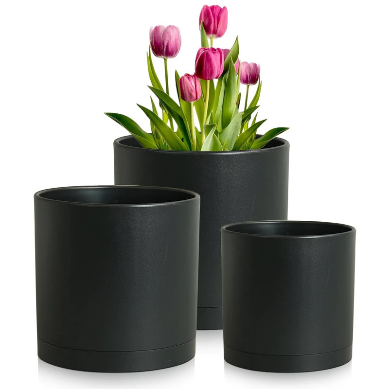 Meowell 12/10/8 inch Large Deep Plant Pots, 3 Pack Tall Cylinder Flower Pots for Outdoor Indoor Plants, Plastic Planters with Drainage Holes and Saucers for Garden Porch House Plants, Black