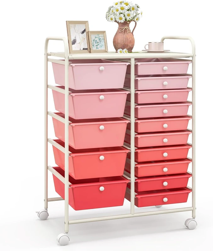 FANTASK Cart with 15 Stackable Drawers in Pink, Bathroom Trolley, Drawer Cart with Metal Frame and Shelf - Image 1