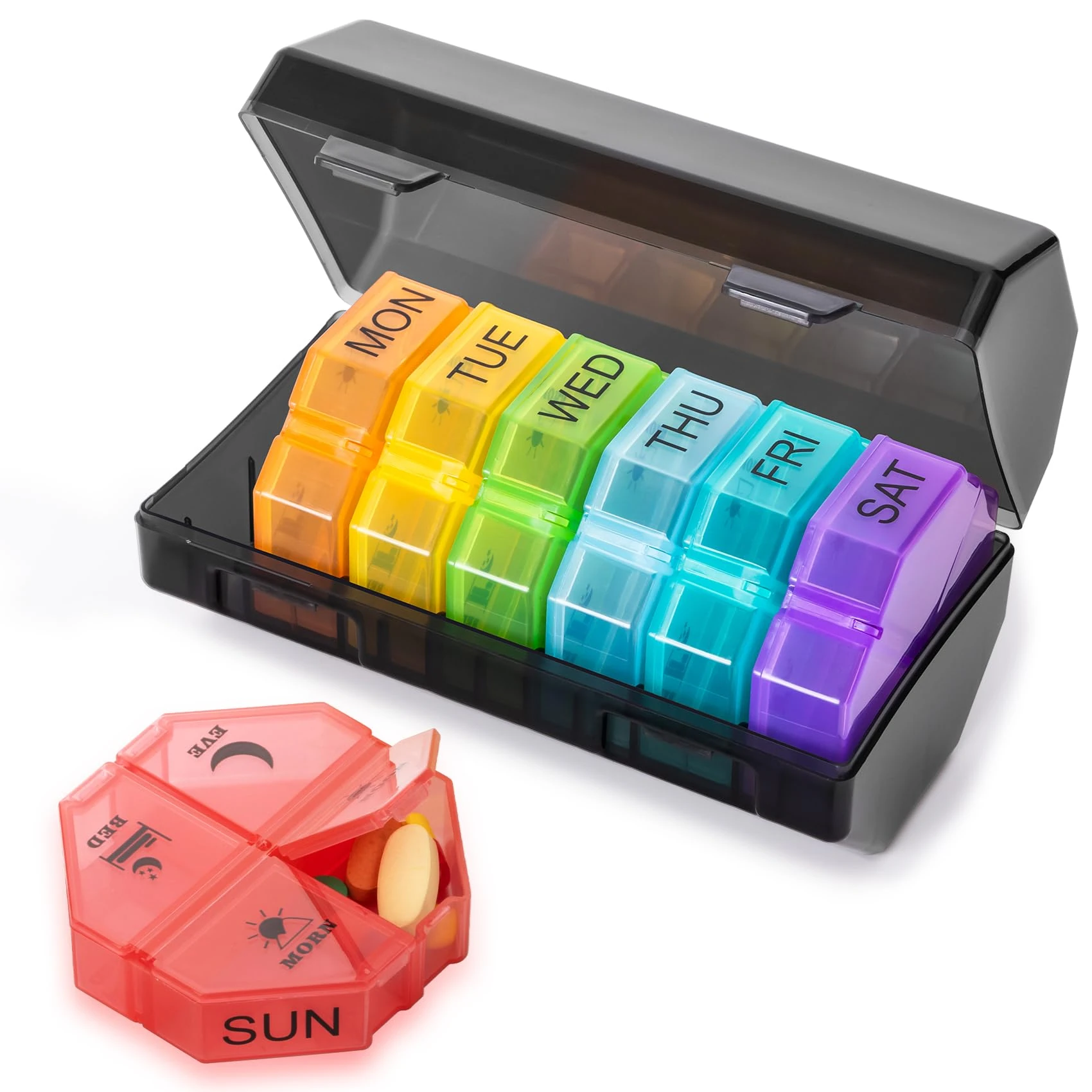 Weekly Pill Organizer 4 Times a Day, Large Pill Box 7 Day Daily Pill Case with 28 Extra Large Compartments Portable Travel Pill Container Big Medicine Organizer for Supplement Vitamin (Rainbow)