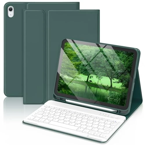 MMK for iPad 11th 10th Generation Case with Keyboard 11/10.9" 2025 A16/2022, Detachable Wireless Bluetooth Folio Keyboard Case with Pencil Holder - Dark Green