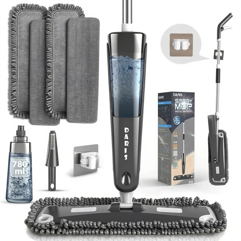DARIS Microfiber Spray Mop for Floor Cleaning 360 Degree Spin Dust with 4 Washable Pads Wet and Dry Flat Mops 780ML Refillable Bottle for House Kitchen Wood Hardwood Laminate Ceramic Tiles Floor