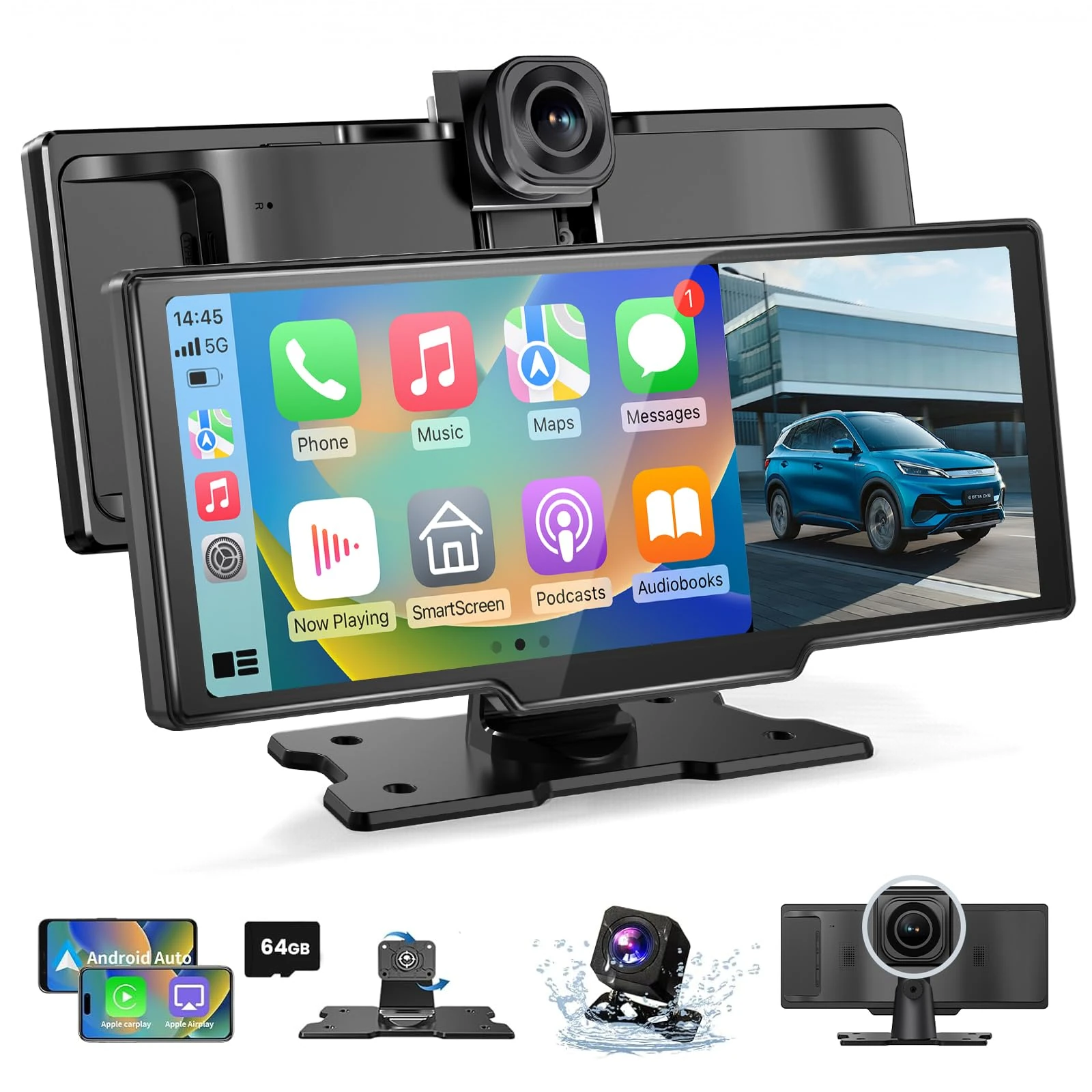 10.26" Carplay Screen for Car, Car Tablet Pro Max 2025 Car Play Screen with 4K Front and 1080P Rear Camera, Wireless CarPlay Android Auto Mirror Link AUX FM Bluetooth 64G SD Loop Recording