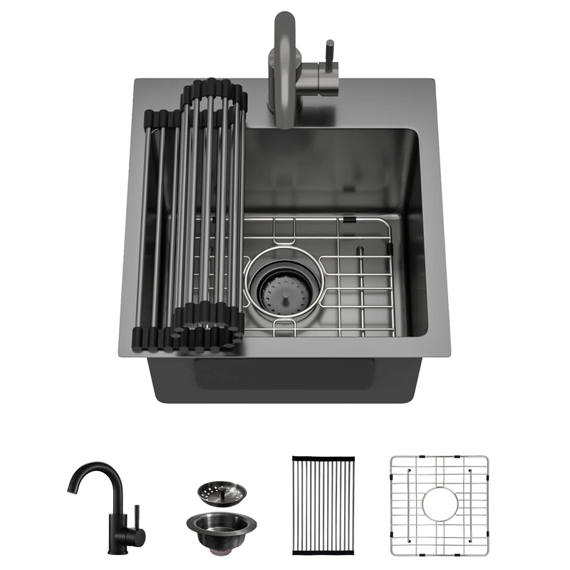 Talllor 15x15 Inch Black Drop in Bar Sink with Faucet, 16 Gauge T-304 Stainless Steel Single Bowl Wet Prep Sink for Kitchen Bar, RV, Outdoor, and Boat, Gunmetal Black #TLT-0017