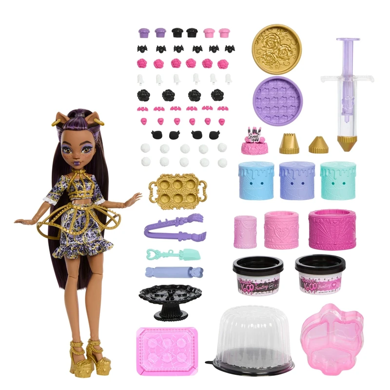Monster High Scary Sweet Birthday Cake Kit with Clawdeen Wolf Doll, Cake Decorating Playset with 20+ Accessories Like Eerie Icing, Pipette, and More, JBG78