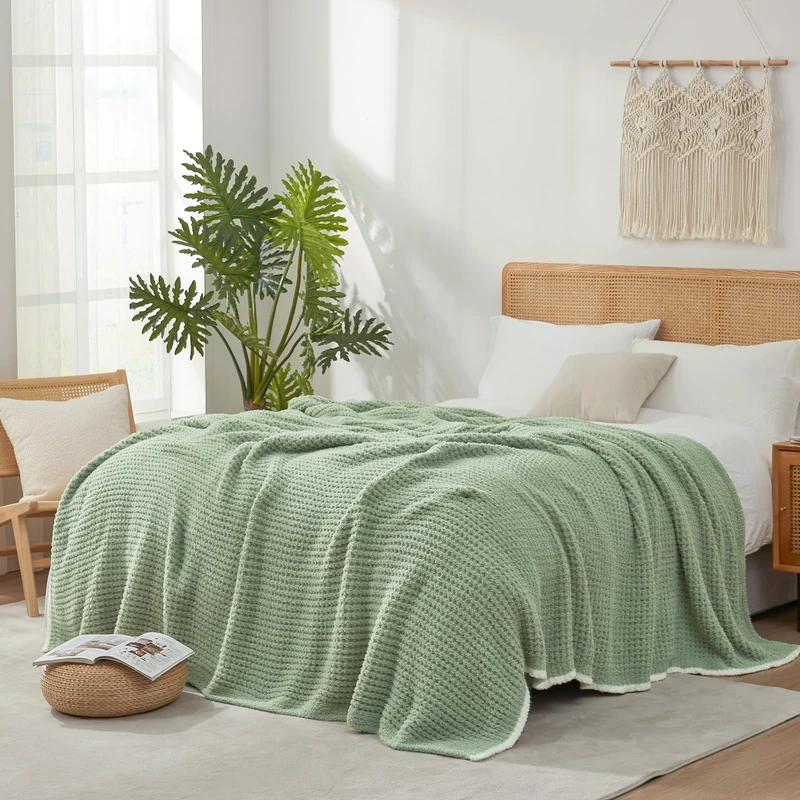Snuggle Sac Sage Green Waffle Bedding Blankets Queen Size 90x90 inches, Reversible Microfiber Fluffy Fuzzy Soft Throw Cozy Knit Blanket for Women Mothers Birthday Gifts