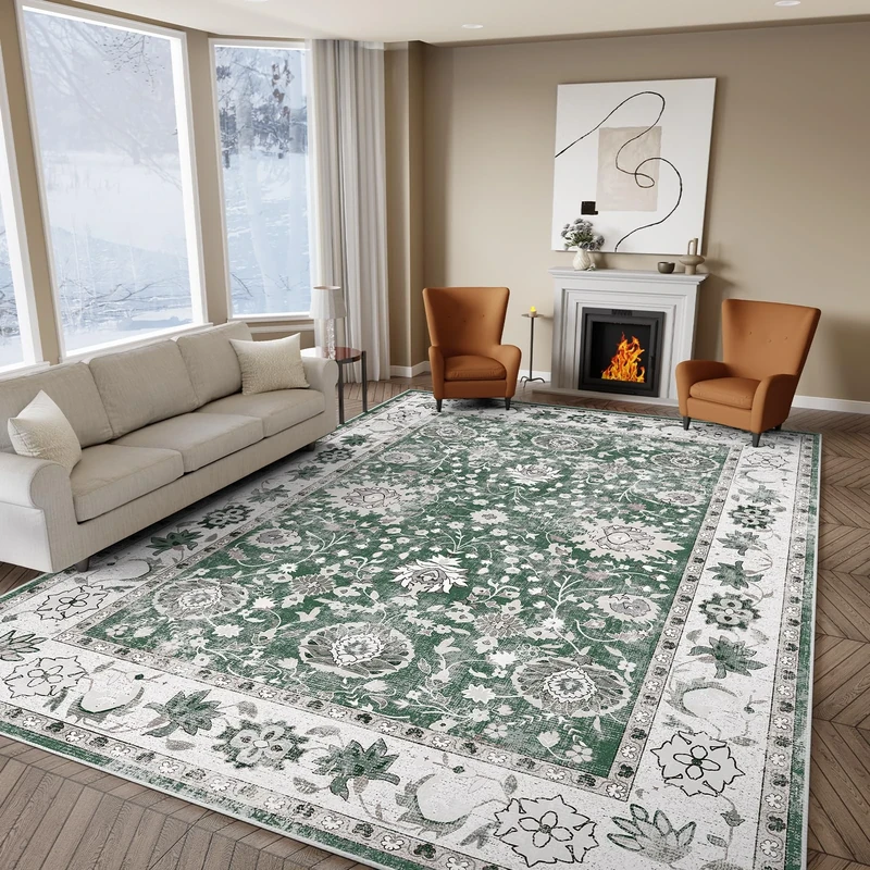 IKALIFE Green Rugs Living Room - 120x170 cm Machine Washable Soft Short Pile Non-Slip Vintage Area Rugs for Bedroom Dining Room Office Lounge, Traditional Non-Shedding Floor Carpet