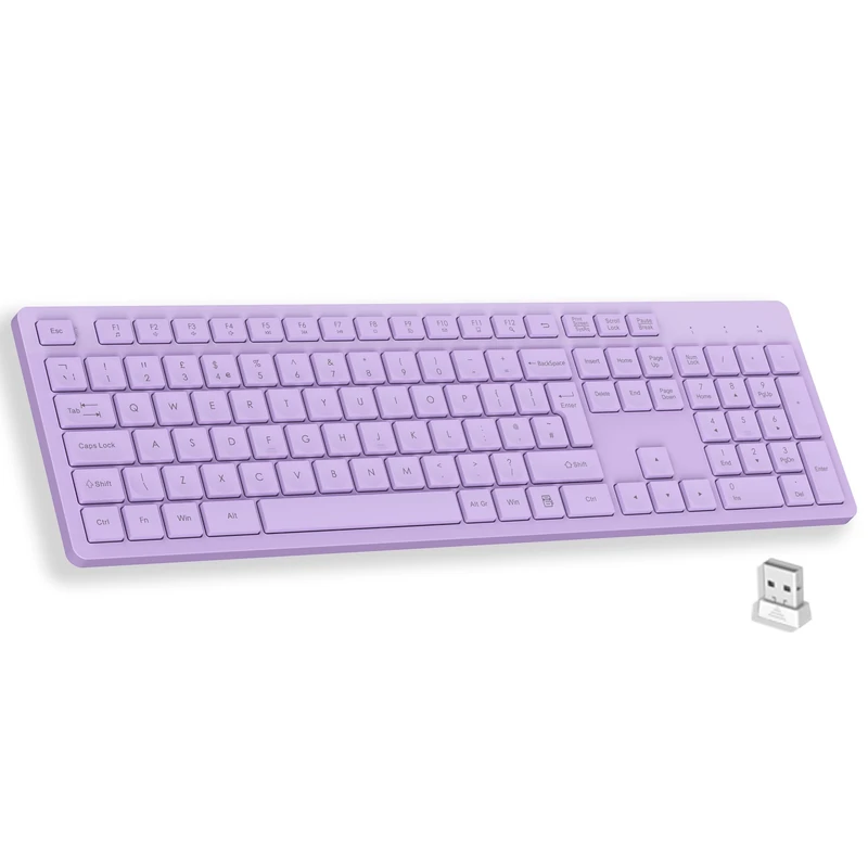 LeadsaiL Purple Wireless Keyboard, UK Layouty Full-Sized Ergonomic Computer Keyboard, 2.4GHz Wireless and Noiseless Typing,12 FN Shortcuts for Windows Laptop Computer