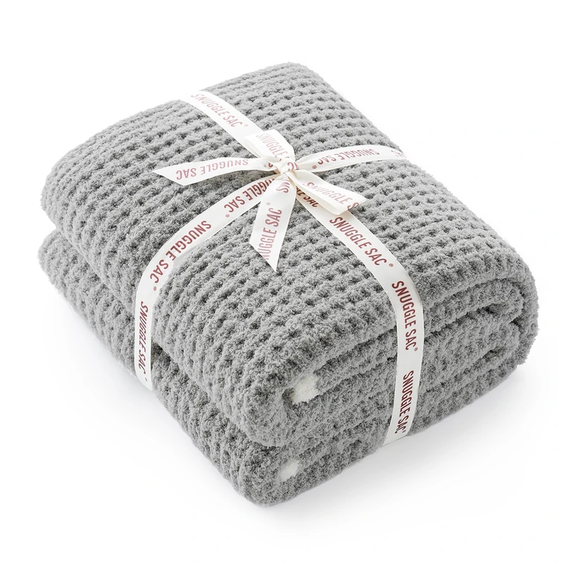 Snuggle Sac Soft Waffle Blanket, Grey Bedding Blankets Queen Size 90x90 inches, Reversible Microfiber Fluffy Fuzzy Grey Blanket Cozy Knit Blanket for Women Mothers Birthday Gifts