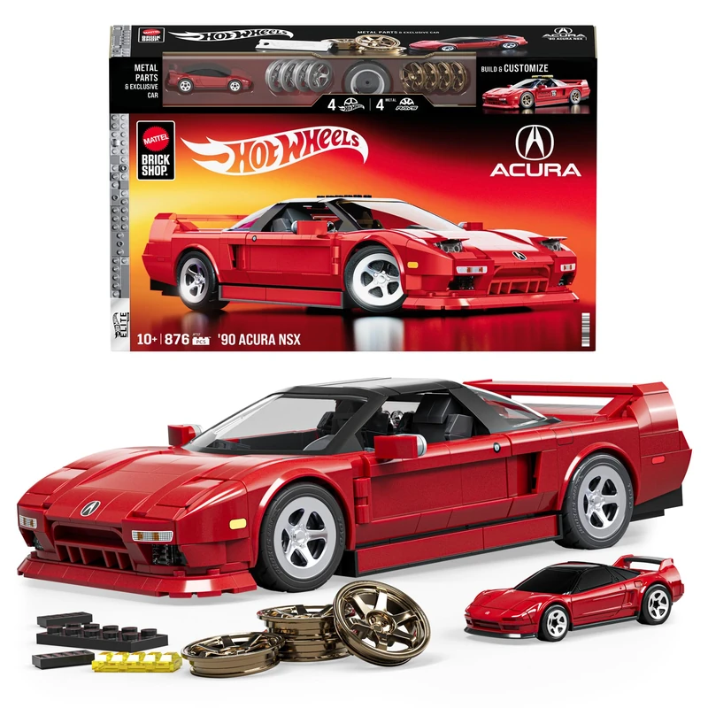 Mattel Brick Shop Hot Wheels Elite Series Building Set, ’90 Acura NSX with 876 Pieces, Realistic Details and Custom Decals, Adult Collectors and Kids Ages 10+, JFT17, Red - Acura