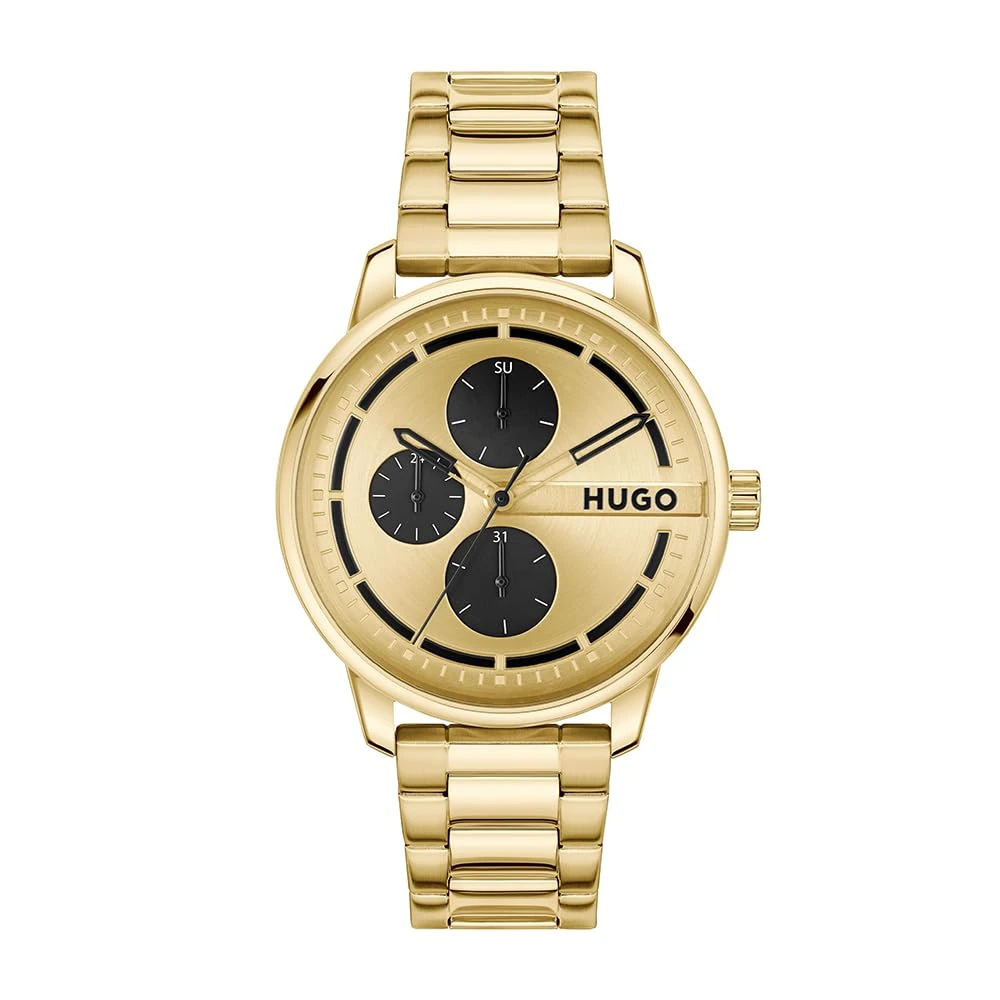 HUGO Analogue Multifunction Quartz Watch for Men #STAMP MULTI Collection with Leather Strap or Stainless Steel Bracelet,gold