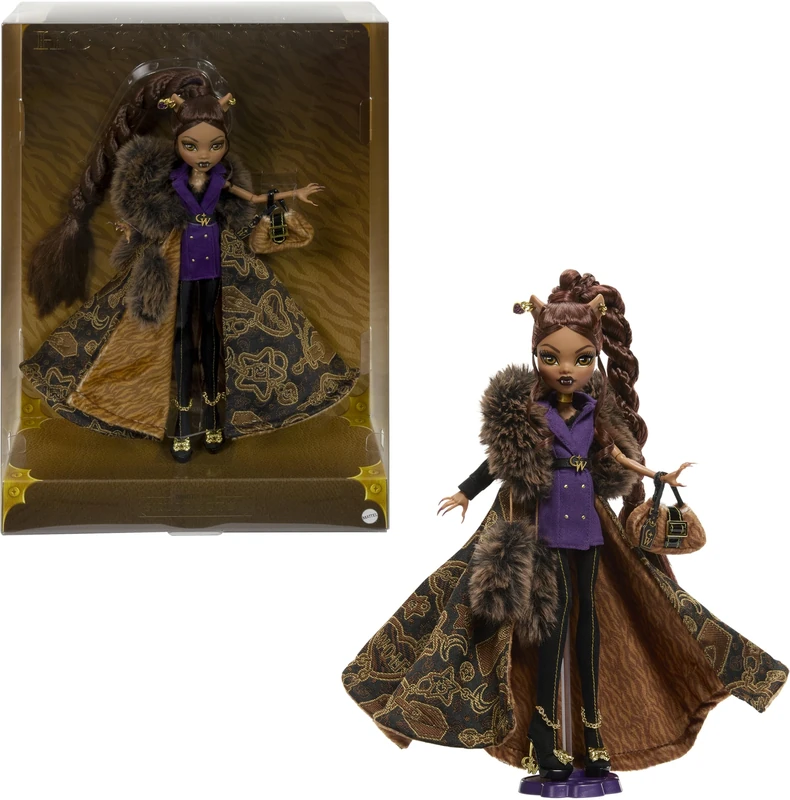 Monster High Doll, Clawdeen Wolf House of Wolf Collectible with Faux Fur Jacquard Coat, Purple Blazer Dress, Pantaboots and Golden Accessories, JDR66