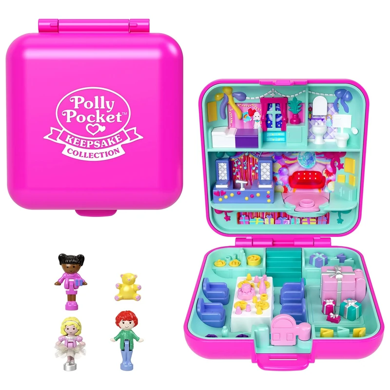 Polly Pocket Mattel 80th Anniversary Heritage Compact Playset, House Compact with 3 Dolls, and 1 Pet and Fashion Skirt, Furniture with Celebration Theme, JGK22