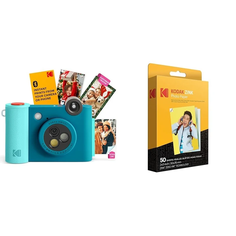 KODAK Smile+ 2-in-1 Digital Instant Print Camera & Wireless Bluetooth Photo Printer + KODAK 2"x3" Premium Photo Paper (50 Sheets)