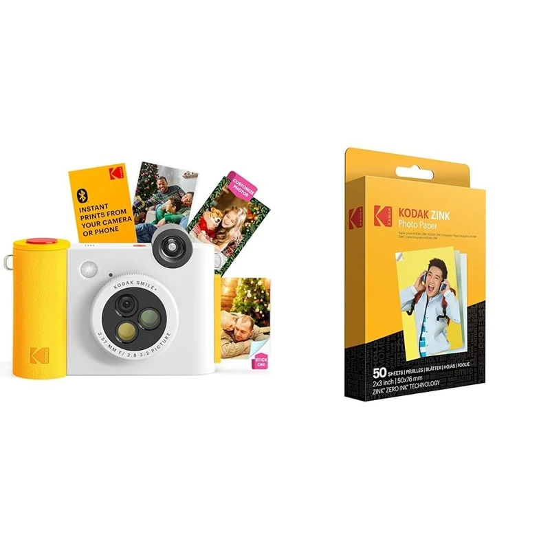 KODAK Smile+ 2-in-1 Digital Instant Print Camera & Wireless Bluetooth Photo Printer + KODAK 2"x3" Premium Photo Paper (50 Sheets)