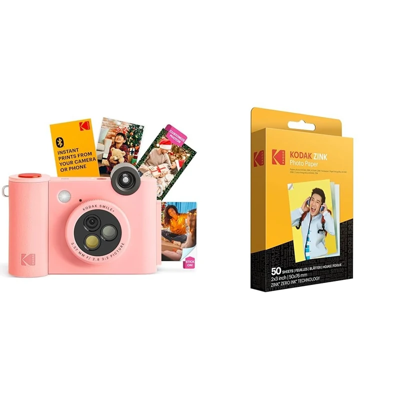 KODAK Smile+ 2-in-1 Digital Instant Print Camera & Wireless Bluetooth Photo Printer + KODAK 2"x3" Premium Photo Paper (50 Sheets)