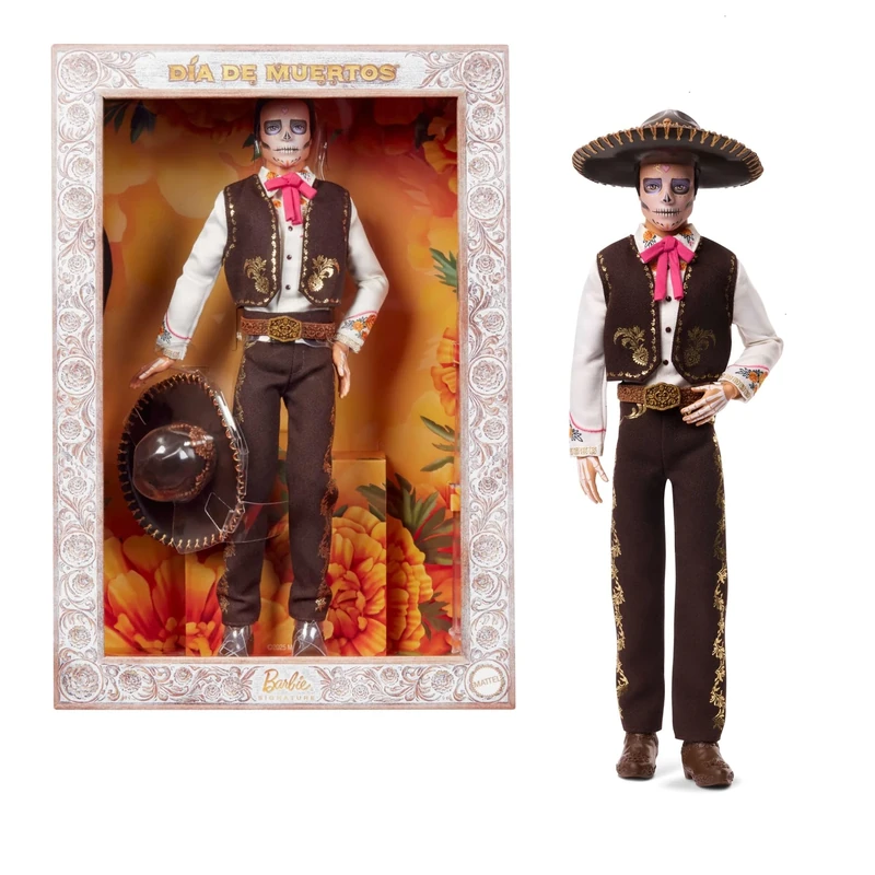 Barbie Signature Ken Doll, Día De Muertos 2025 Collectible with Cream Shirt, Black Vest and Trousers, Sombrero and Calavera Face Paint, JBJ06
