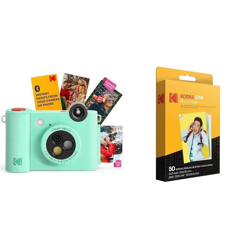 KODAK Smile+ 2-in-1 Digital Instant Print Camera & Wireless Bluetooth Photo Printer + KODAK 2"x3" Premium Photo Paper (50 Sheets)