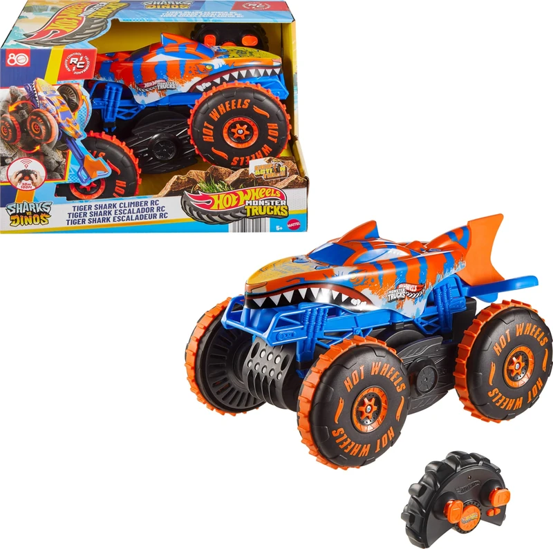 Hot Wheels Monster Trucks Remote Control Toy Vehicle, Large-Scale RC Tiger Shark Climber with 3 Modes of Play for Racing, Climbing & Stunting, JFR39