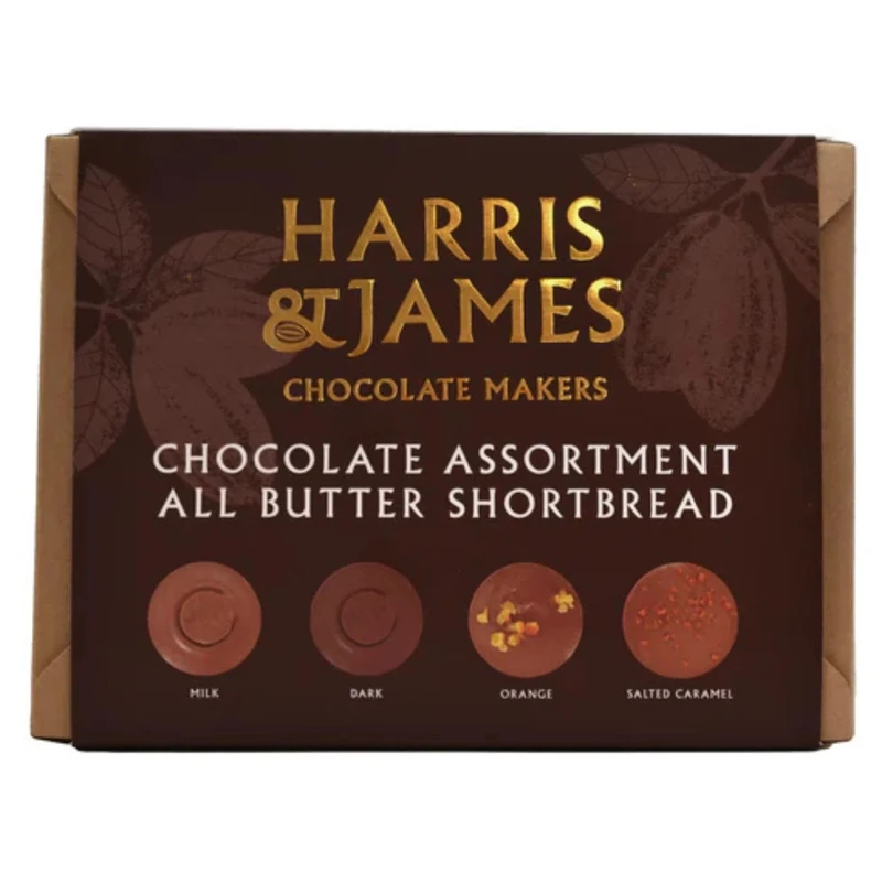Harris & James All Butter Shortbread Biscuits Assortment Box. Contains Milk Chocolate, Dark Chocolate, Chocolate Orange and Salted Caramel (360g)