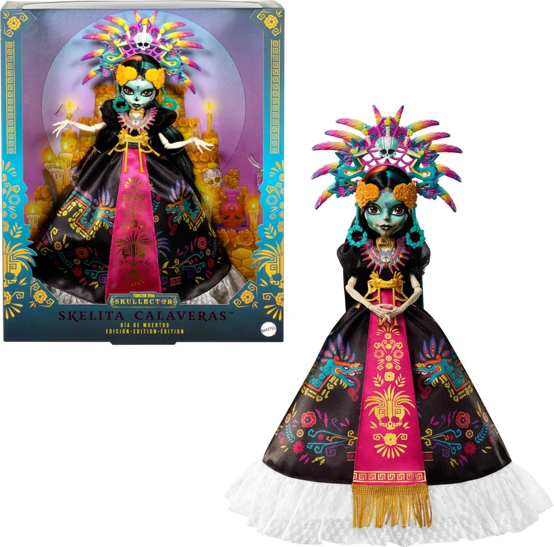 Monster High Doll, Skelita Calaveras Día de Muertos 2025 Collectible, Aztec-Inspired Gown with Vibrant Accessories like Headdress and Necklace, JDR63
