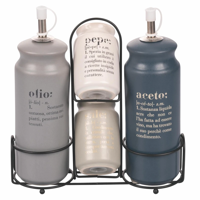 Villa d'Este Home Tivoli Oil Set, Vinegar, Salt and Pepper Stoneware Stand, Stainless Steel, Victionary