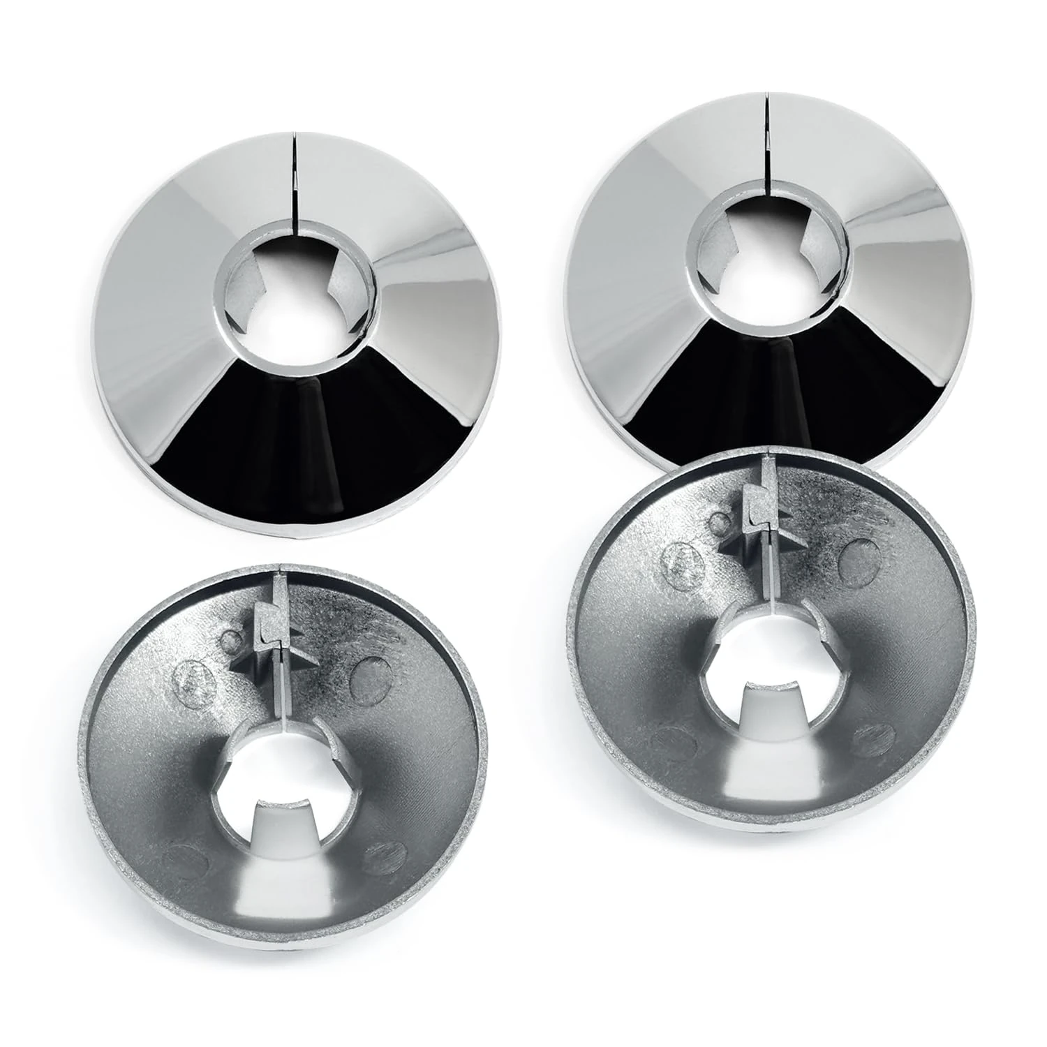 Chrome Pipe Collars - Pack of 4 Snap On Chrome-Plated Plastic Covers, 15mm Hole, 4.5cm Wide to Hide Radiator Pipes