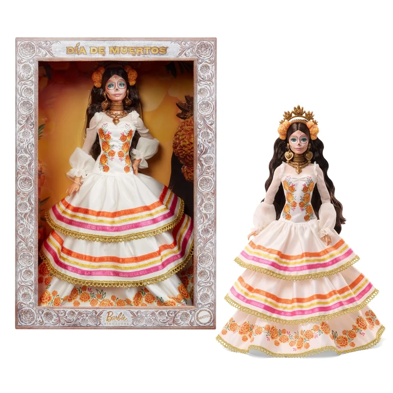 Barbie Signature Doll, Día De Muertos 2025 Collectible in Ruffled Cream Gown Trimmed with Marigolds and Ribbon, Flower Crown and Calavera Face Paint, JBJ05