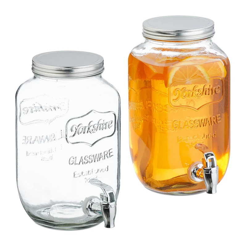 Relaxdays Set of 2 Drink Dispensers, 3.5L Beverage Container, Party Accessory, Tap and Lid, Glass & Plastic, Transparent