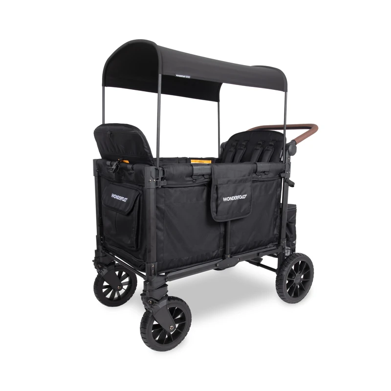 WONDERFOLD W4 Luxe Pro Stroller Wagon (4 Seater) - Collapsible Wagon Stroller with Seats Featuring 5-Point Safety Harnesses and Adjustable Sun Canopy, Jet Black