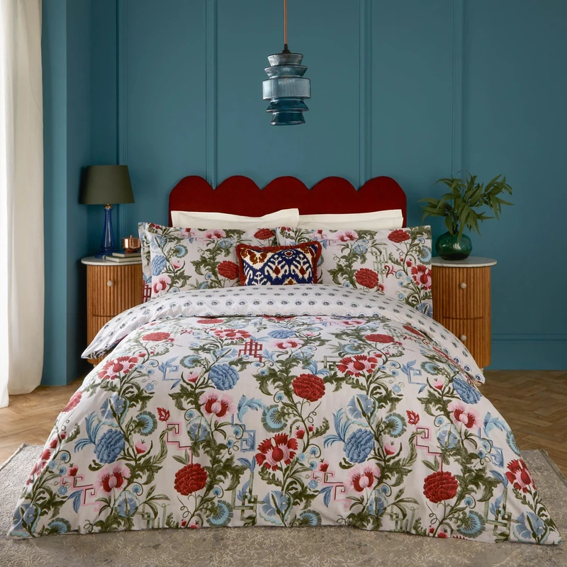 Seventy Three Ishana Floral Cotton Rich Duvet Cover Set, Red Currant/French Blue