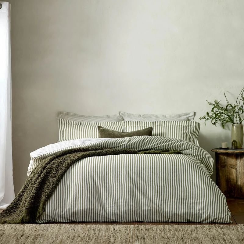 furn. Yard Hebden Mélange Stripe Cotton Duvet Set – Ultra Soft Reversible Striped Bedding (Olive – King)
