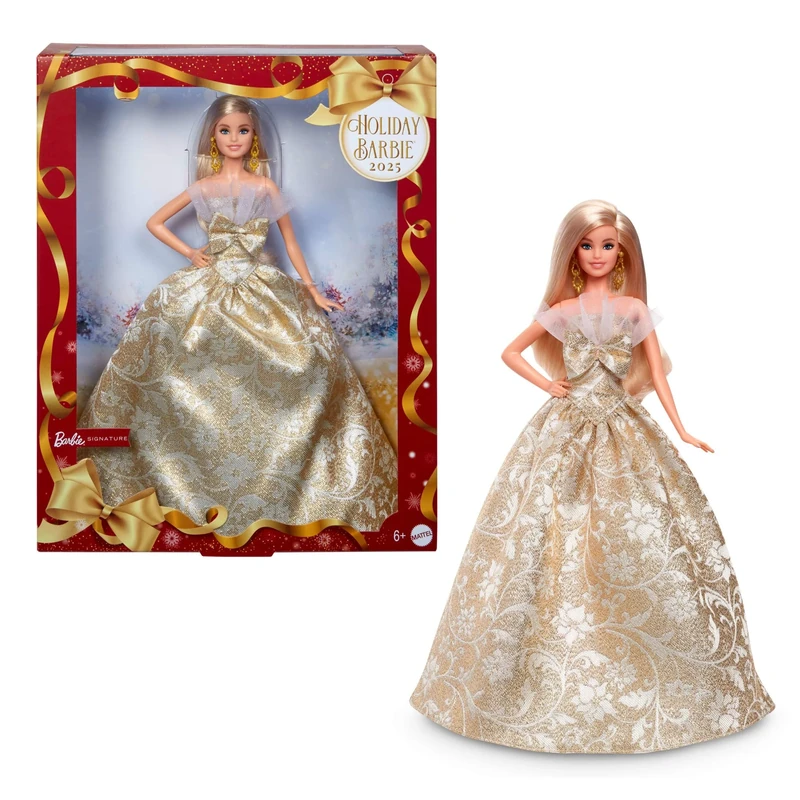 Barbie Signature Doll, 2025 Holiday Barbie Blonde Fashion, Wearing Silver & Gold Gown, Seasonal Collector in Displayable Packaging & Stand, JBJ00