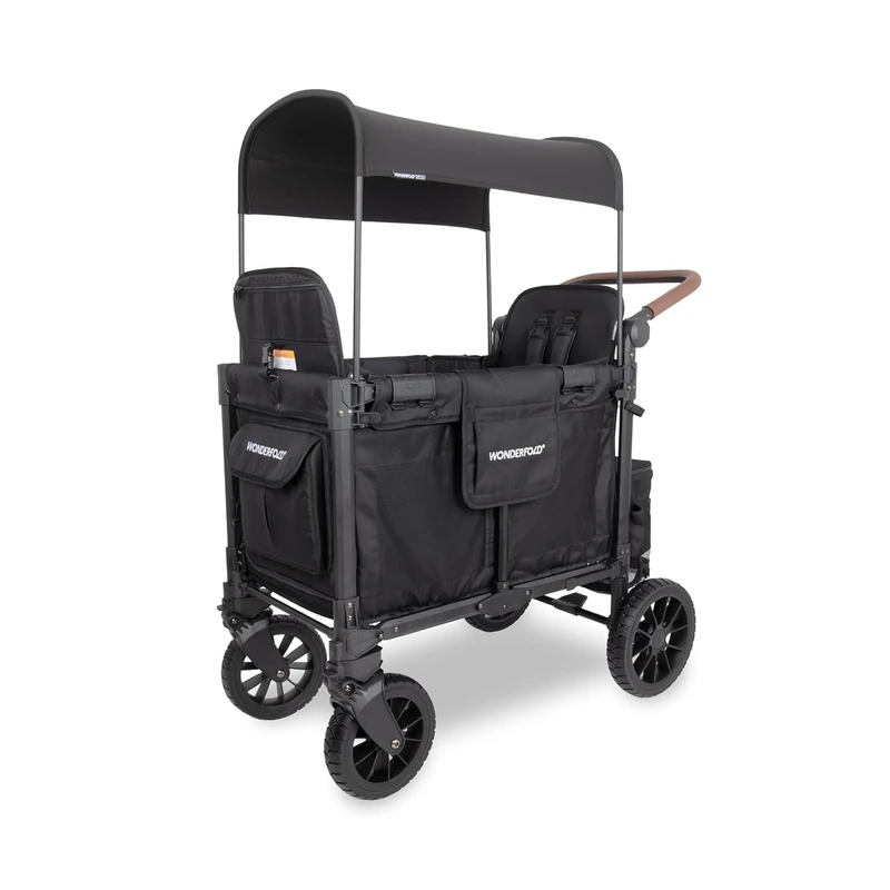 WONDERFOLD W2 Luxe Pro Stroller Wagon (2 Seater) - Collapsible Wagon Stroller with Seats Featuring 5-Point Safety Harnesses and Adjustable Sun Canopy, Jet Black