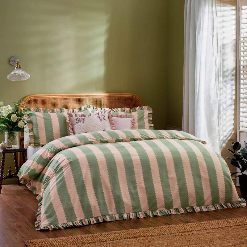 furn. Wylder Birdie Stripe Duvet Cover Set – Reversible Cotton Rich Frilled Cottagecore Stripe Design with Ruffle Trim (Pink/Green - Double)