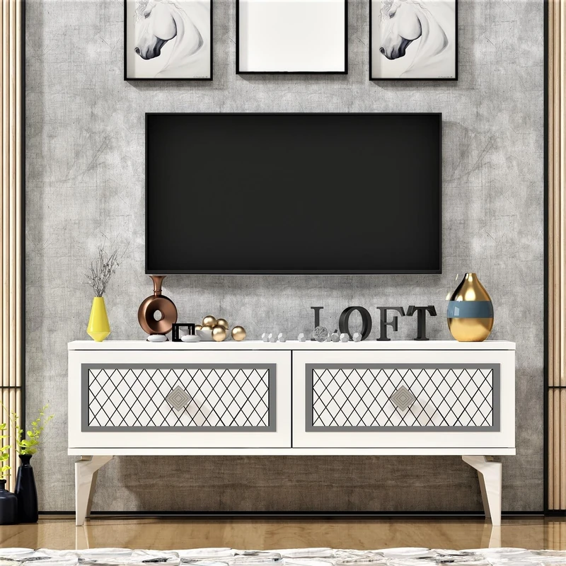 Hanah Home Stylish TV Stand, White & Silver, 120 x 49 x 29.6 cm, 100% Melamine Coated Particle Board, 18 mm Thick, Modern Design for Living Room & Entertainment Spaces - Image 1