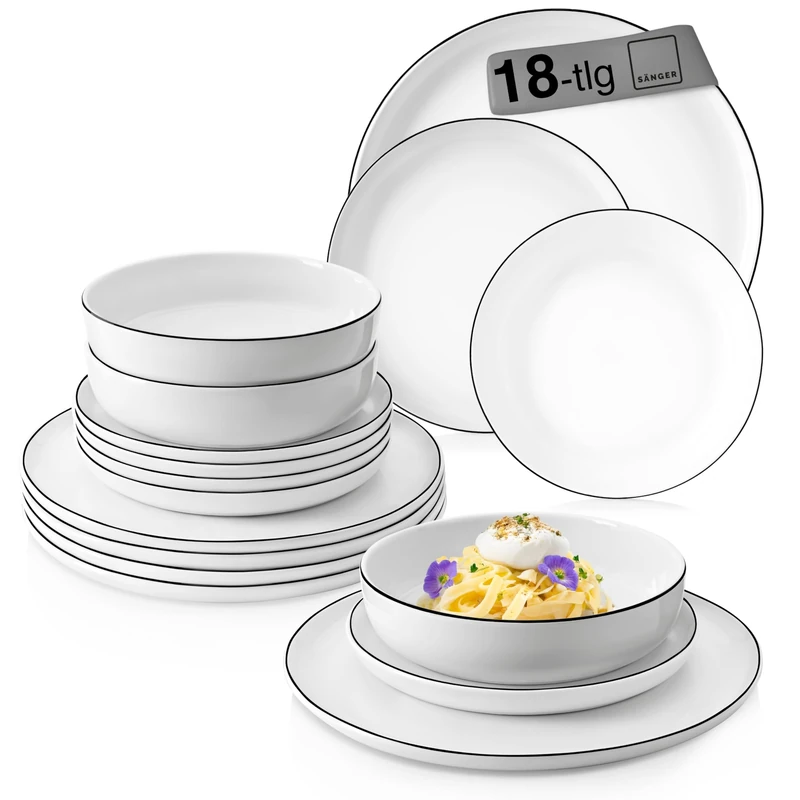 SÄNGER Marlo Black Rim Dinner Service, White, 18-Piece Crockery Set for 6 People, Made of Porcelain, White with Black Accents, Food, Dessert Plates and Bowls, Modern Shape, Premium Collection