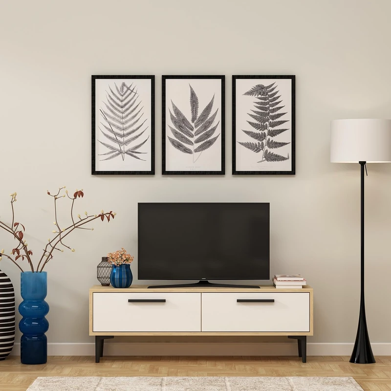 Hanah Home Modern TV Stand in Sapphire Oak & White, 120 cm, 100% Melamine Coated Particle Board, 18 mm Thick, Multiple Shelves & Extra Storage, Stylish Design - Image 1
