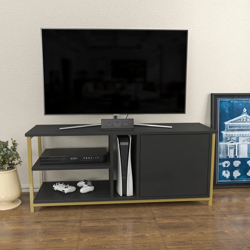 Hanah Home Glamorous TV Stand, Gold & Anthracite, 120 x 35.3 x 50.8 cm, 100% Melamine Coated Particle Board, 18 mm Thick, Stylish & Functional for Modern Living Rooms - Image 1