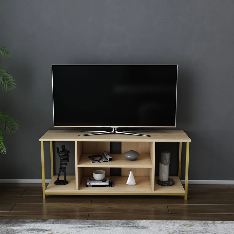 Hanah Home Glamorous TV Stand, Gold & Oak, 120 x 35 x 50.8 cm, 100% Melamine Coated Particle Board, 18 mm Thick, Sturdy Metal Frame, Stylish & Functional Design for Modern Living Rooms - Image 1