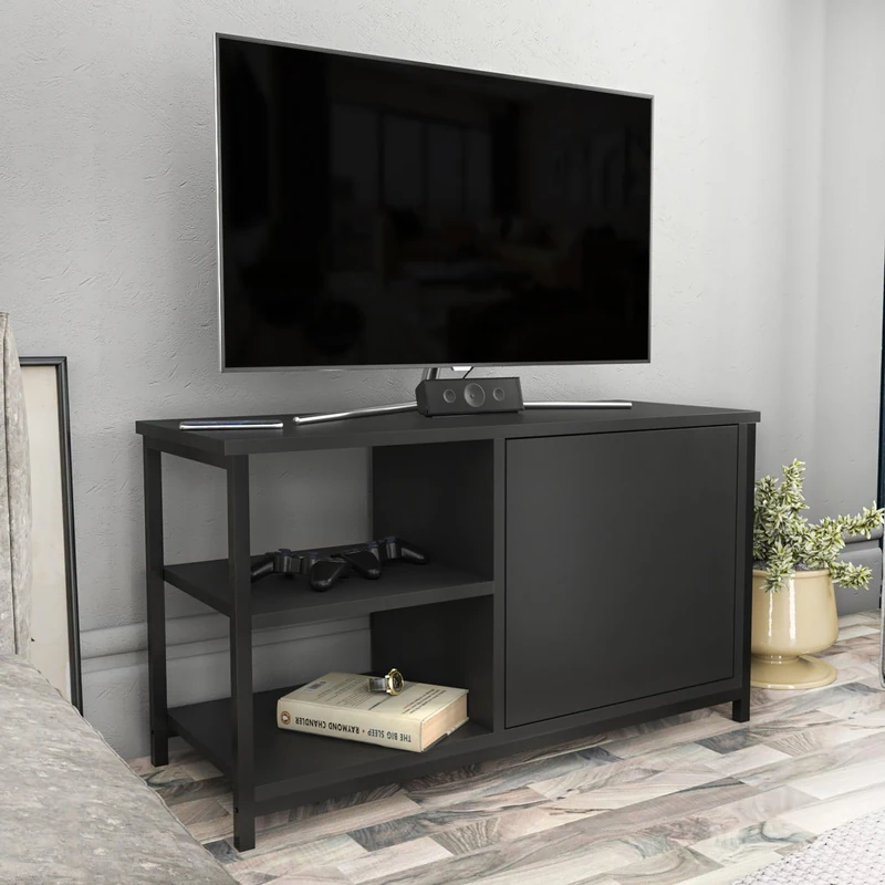 Hanah Home Industrial TV Stand, Black & Anthracite, 89.6 x 35.3 x 50.8 cm, 100% Melamine Coated Particle Board, 18 mm Thick, Sturdy Metal Frame, Stylish & Functional Design for Modern Living Rooms - Image 1