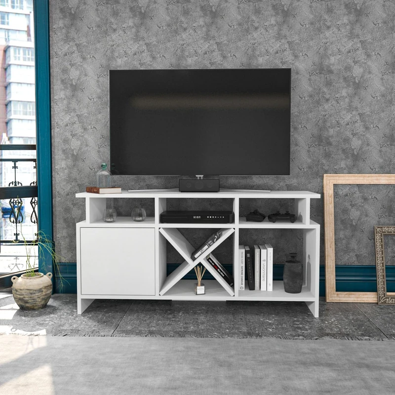 Hanah Home Modern White TV Stand, 120 cm, 100% Melamine Coated Particle Board, 18 mm Thick, Stylish & Functional Design for Living Room & Entertainment Spaces