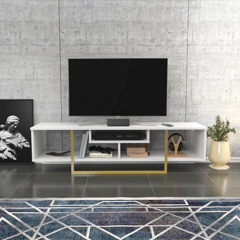 Hanah Home Glam TV Stand, White & Gold, 150 cm x 35.2 cm x 40 cm, 100% Melamine Coated Particle Board, 18 mm Thick, Stylish & Functional for Modern Living Rooms - Image 1