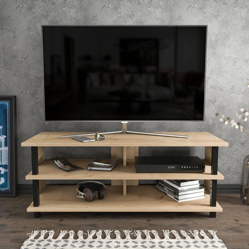 Hanah Home Industrial TV Stand, Black & Oak, 120 x 44.6 x 47.4 cm, 100% Melamine Coated Particle Board, 18 mm Thick, Stylish & Durable for Modern Living Rooms - Image 1