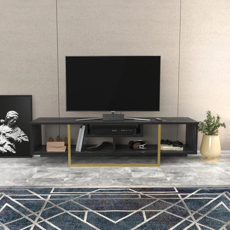 Hanah Home Glamorous TV Stand, Black & Gold, 150 cm x 35.2 cm x 40 cm, 100% Melamine Coated Particle Board, 18 mm Thick, Stylish & Functional for Modern Living Rooms - Image 1