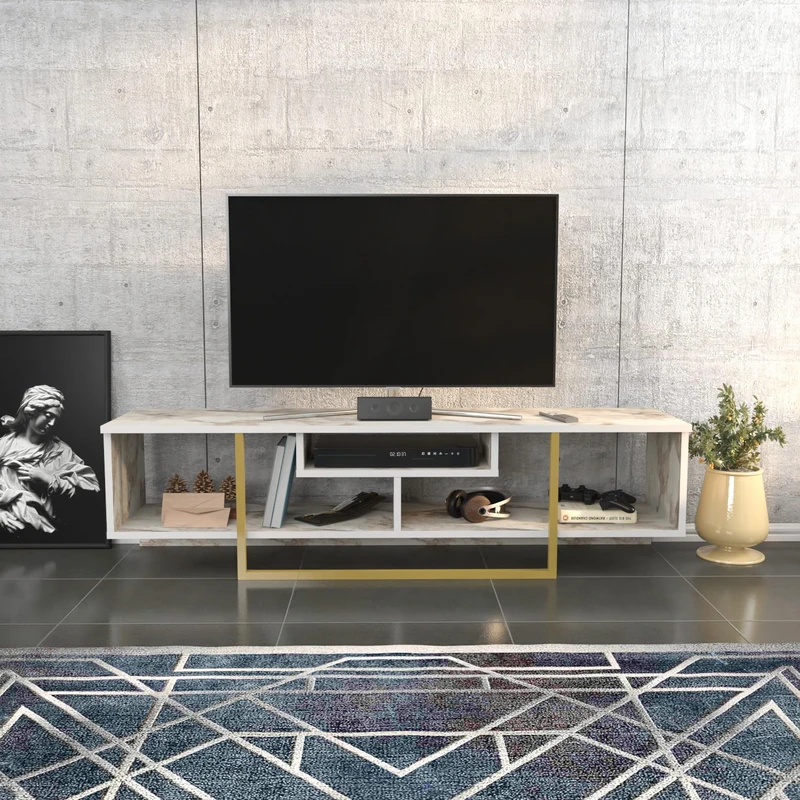 Hanah Home Glamorous TV Stand, Gold & White, 150 cm x 35.2 cm x 40 cm, 100% Melamine Coated Particle Board, 18 mm Thick, Stylish & Functional for Modern Living Rooms - Image 1